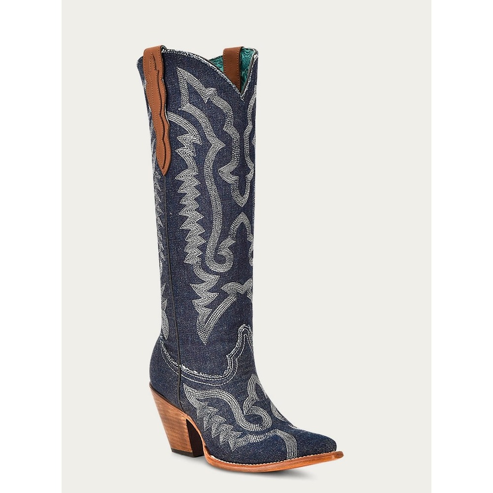 NEW Corral Z5226 White Embroidery Blue Denim Tall‎ Pointed Toe Cowgirl Boots 8M